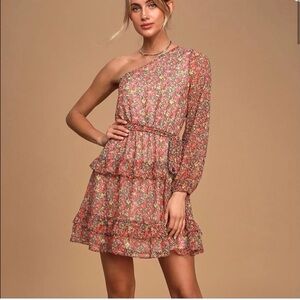 Lulus Anew Romance Pink Floral Print One-Shoulder Ruffled Mini Dress Size Medium